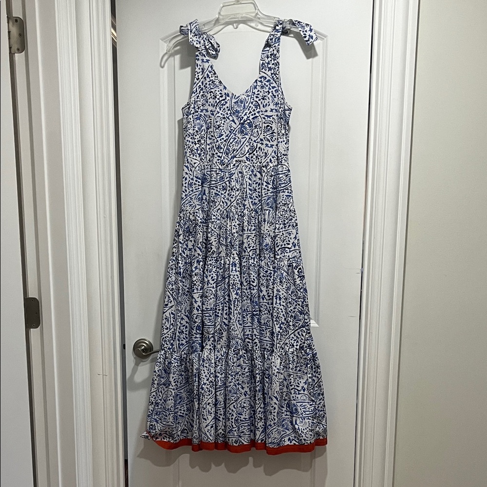 THML Blue and White Printed Tie-Shoulder Maxi Dress with Red Hem